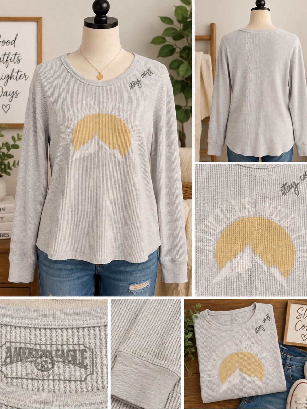 American Eagle Outfitters Light Grey Waffle-Knit Graphic Long Sleeve Top